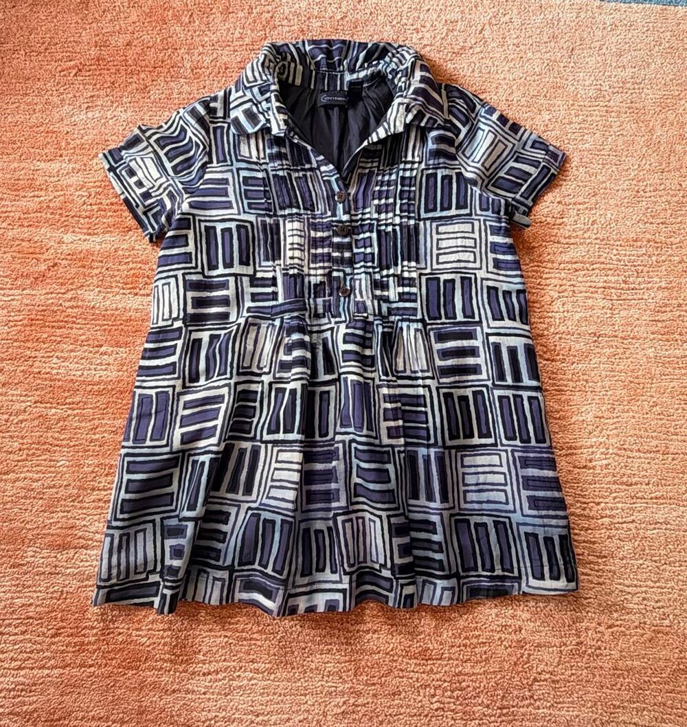 Context Silk Blend Blouse Size S Geometric Print Pleated Front